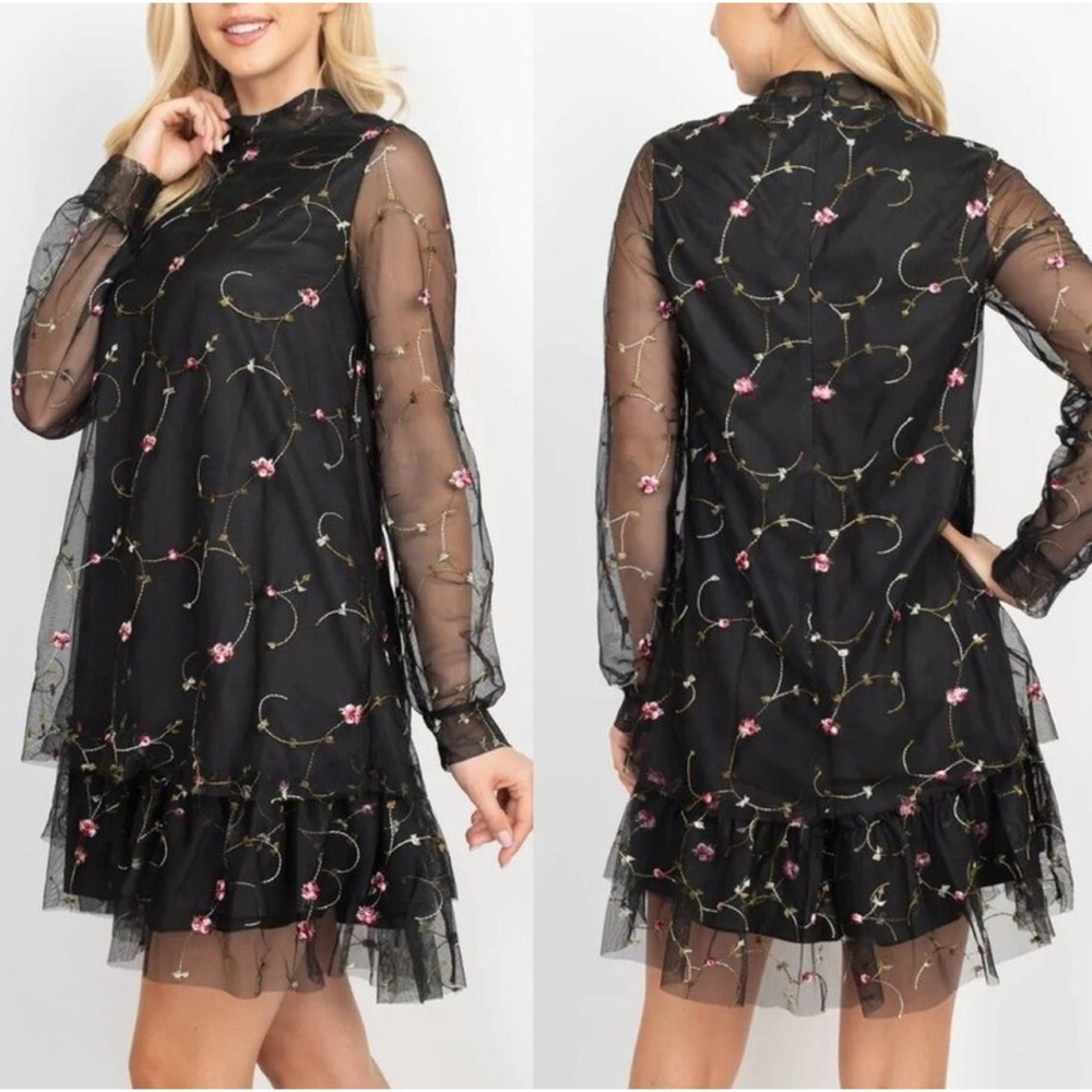 Loveriche Floral Rose Embroidered‎ Mesh Dress Mock Neck Ruffle Hem Black L